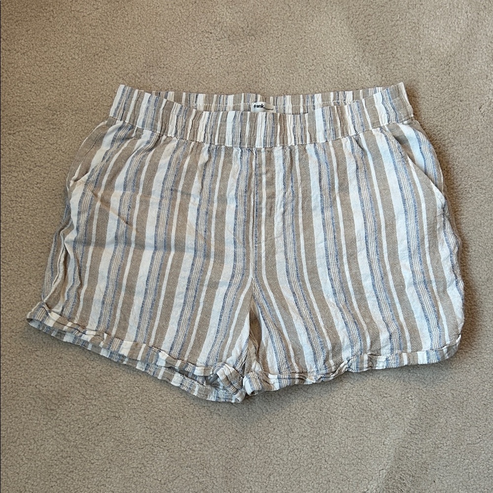 Frank & Oak Linen-blend Beige and Blue Striped Women's Shorts - Size M